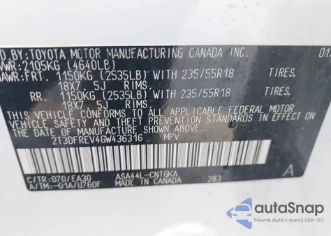 2016 Toyota Rav4 Limited z USA, uszkodzony, nr VIN 2T3DFREV4GW436316